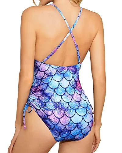 Lace Up Deep Adjustable Criss Cross Straps One Piece Swimsuit-Blue-Purple Mermaid Scales