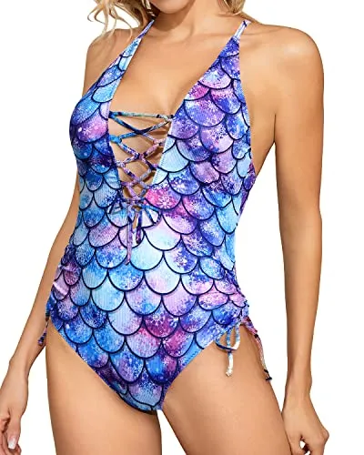 Lace Up Deep Adjustable Criss Cross Straps One Piece Swimsuit-Blue-Purple Mermaid Scales