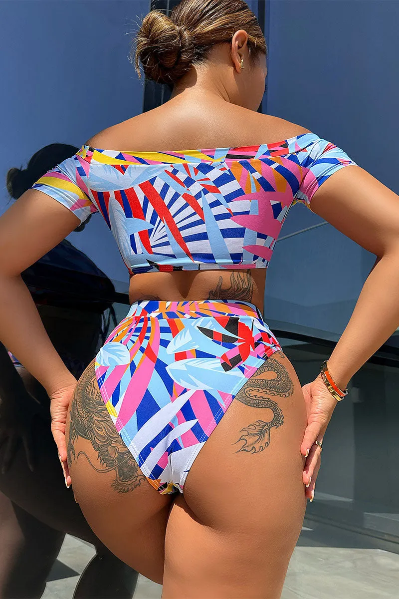 Leaf Print Feminine Off Shoulder Strappy Bikini