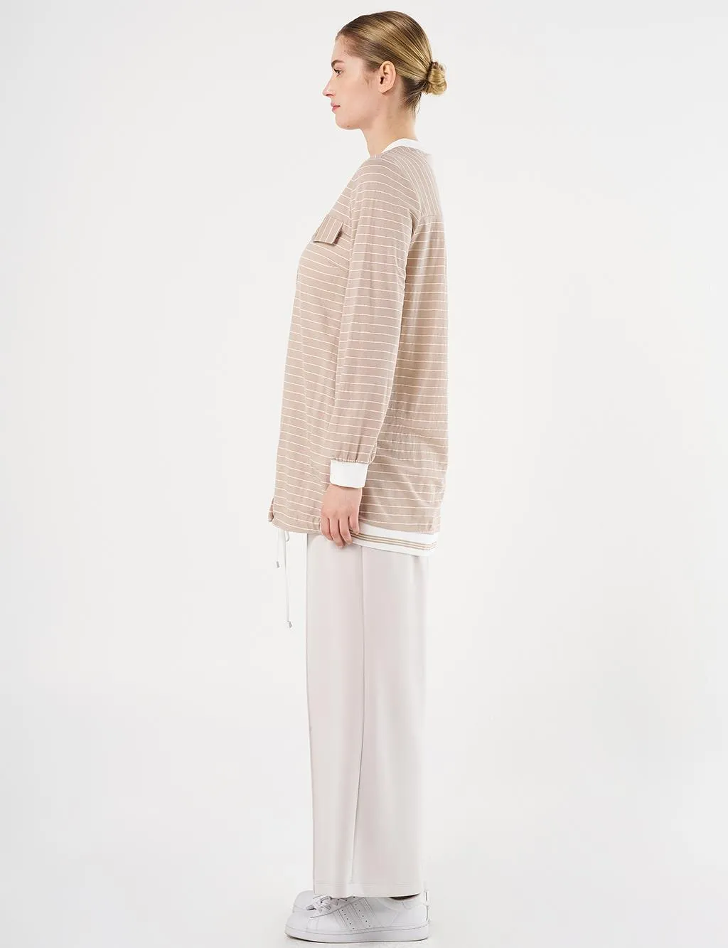 Line Patterned Tunic Stone with Flap Pockets