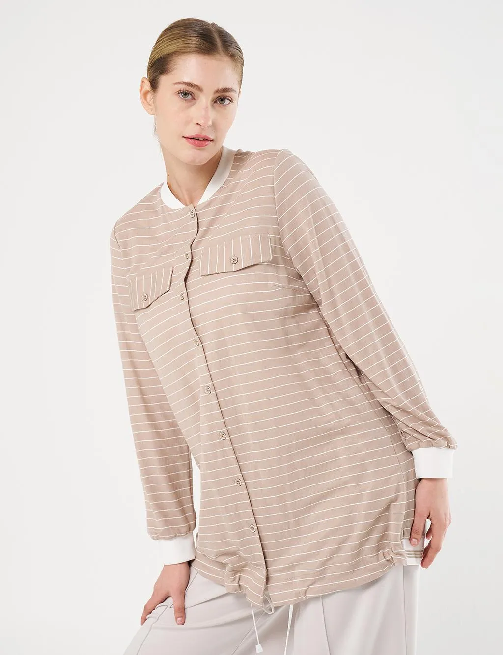 Line Patterned Tunic Stone with Flap Pockets