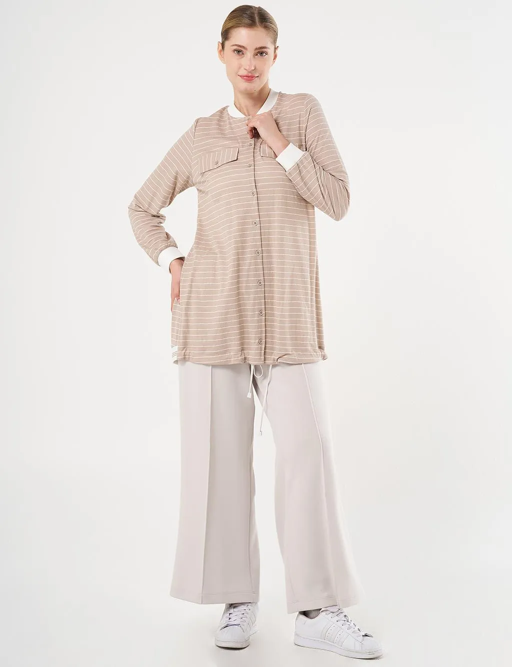 Line Patterned Tunic Stone with Flap Pockets