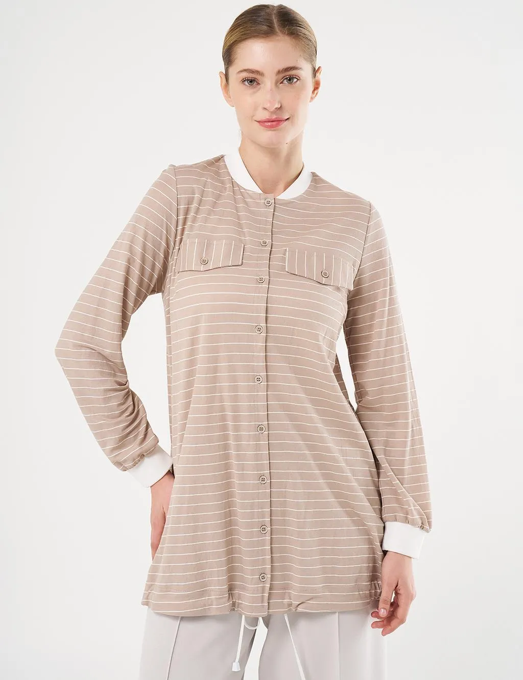 Line Patterned Tunic Stone with Flap Pockets