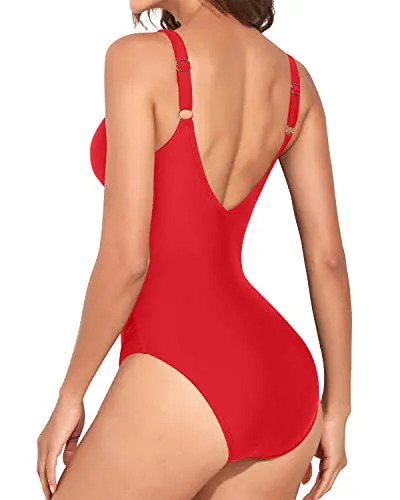 Long Torso Women Swimsuit Vintage V Neck Push Up Monokini-Red