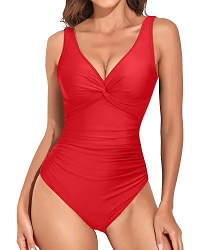 Long Torso Women Swimsuit Vintage V Neck Push Up Monokini-Red