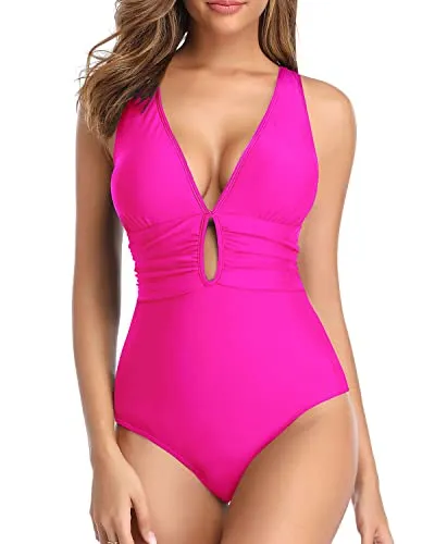 Low Back V Neck One Piece Swimsuit Ruched & Keyhole Bathing Suit-Neon Pink