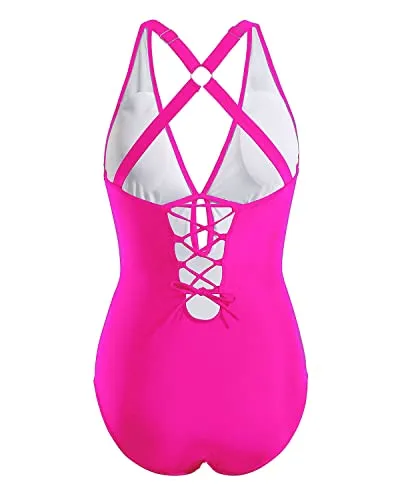 Low Back V Neck One Piece Swimsuit Ruched & Keyhole Bathing Suit-Neon Pink