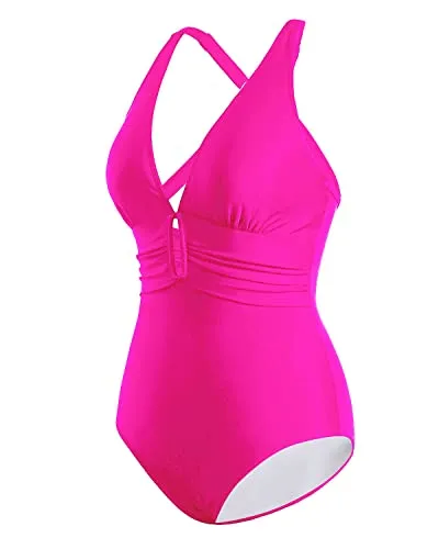 Low Back V Neck One Piece Swimsuit Ruched & Keyhole Bathing Suit-Neon Pink