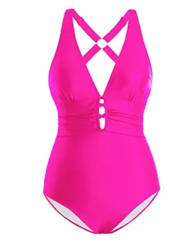 Low Back V Neck One Piece Swimsuit Ruched & Keyhole Bathing Suit-Neon Pink