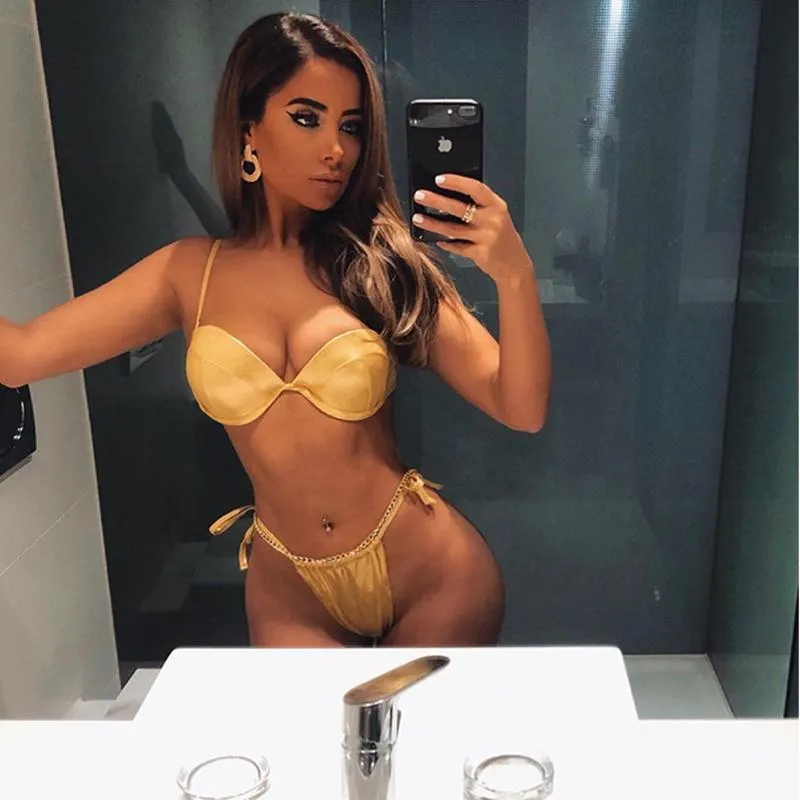 Metallic Plain Strappy Mid Rise Thong Bottom Bikinis