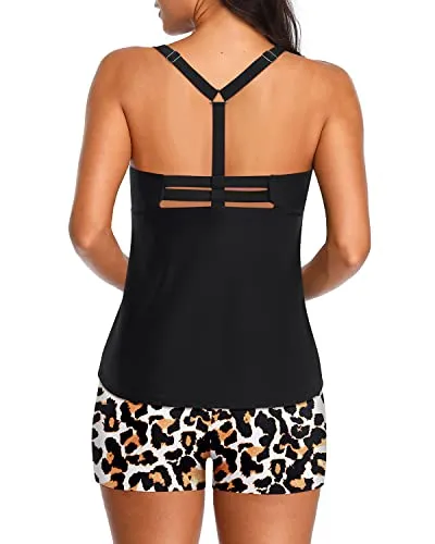 Modest Athletic Tankini Top With Shorts Tummy Control Swimsuits-Black And Leopard