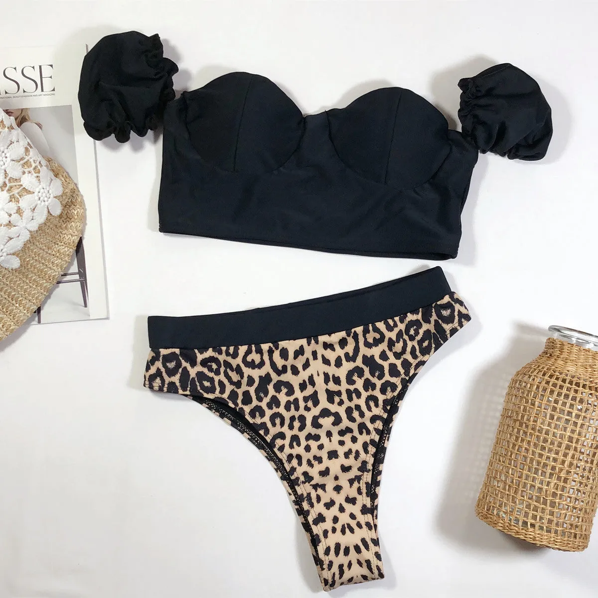 Off Shoulder Leopard High Rise Triangle Bikinis