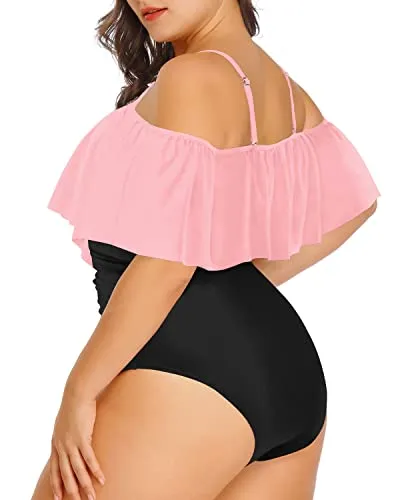 Off Shoulder Ruffle Women Plus Size One Piece Swimsuits-Pink And Black