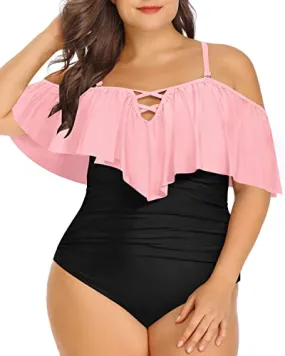 Off Shoulder Ruffle Women Plus Size One Piece Swimsuits-Pink And Black