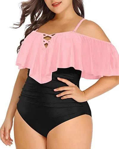 Off Shoulder Ruffle Women Plus Size One Piece Swimsuits-Pink And Black