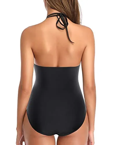 Open Back Women One Piece Swimsuit Tummy Control Halter Bathing Suit-Black