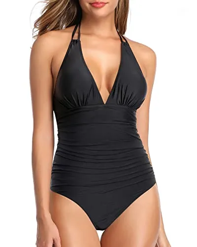 Open Back Women One Piece Swimsuit Tummy Control Halter Bathing Suit-Black