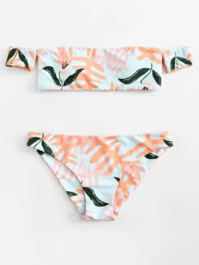 Palm Print Off The Shoulder Bikini Set