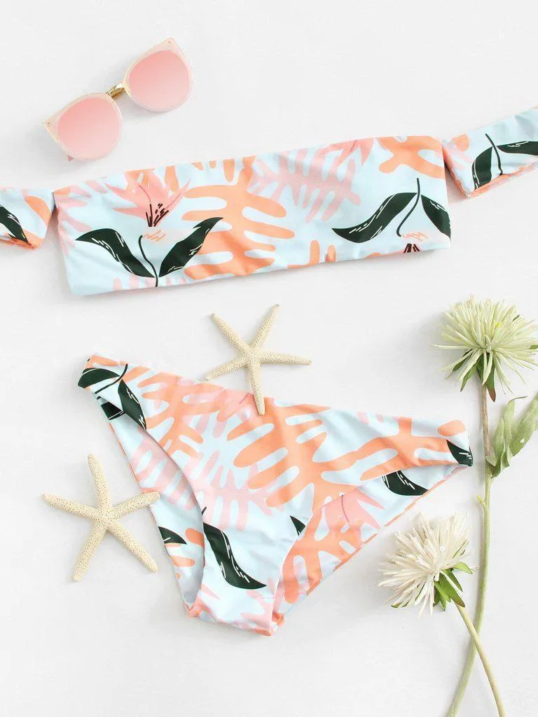 Palm Print Off The Shoulder Bikini Set