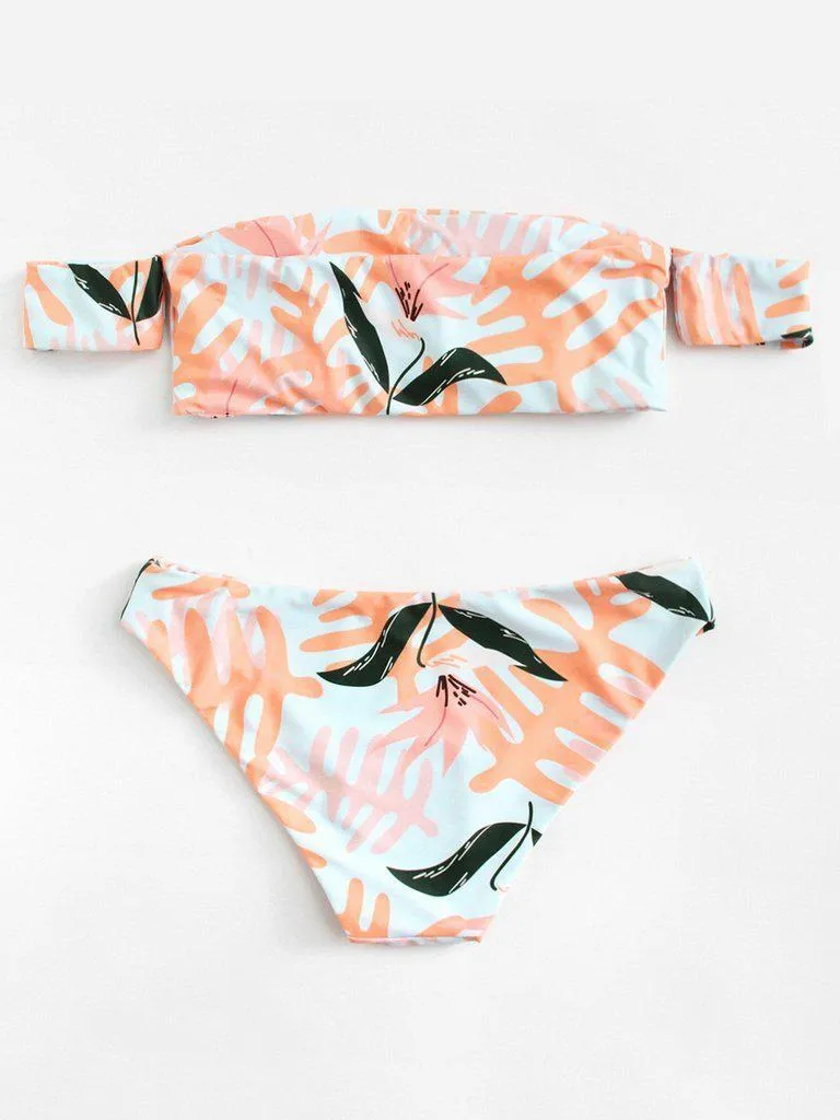 Palm Print Off The Shoulder Bikini Set