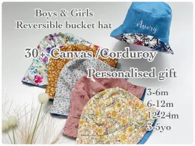 Personalised reversible denim Baby bucket hat, sun hat, canvas, drill, corduroy fabric 30  patterns, free shipping