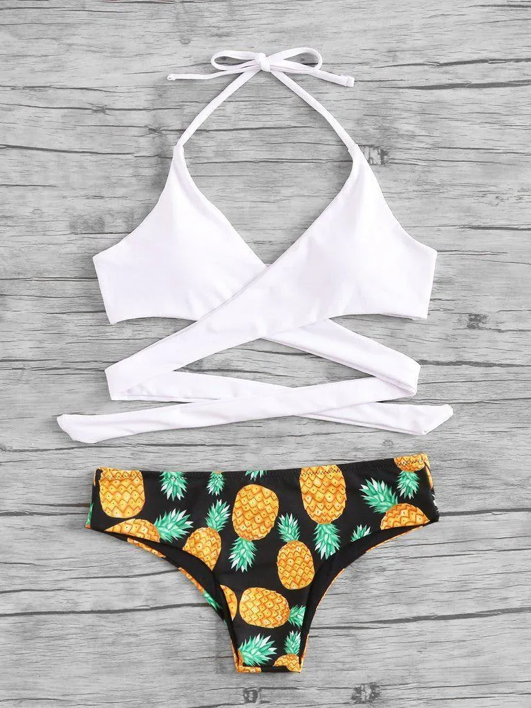 Pineapple Print Wrap Bikini Set