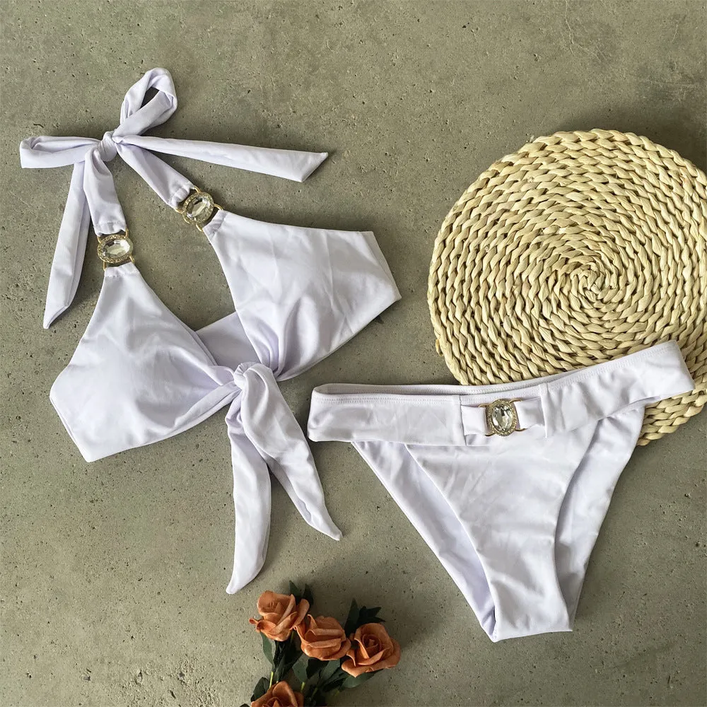 Plain Strappy Rhinestones Mid Rise Thong Bikini