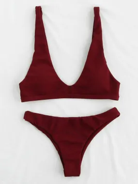 Plunge Neckline Open Back Bikini Set