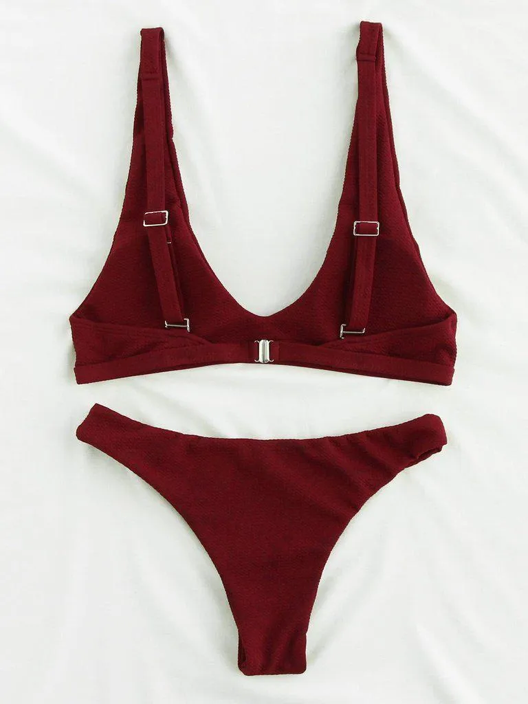 Plunge Neckline Open Back Bikini Set