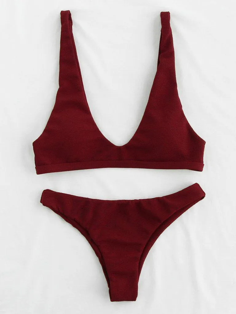 Plunge Neckline Open Back Bikini Set