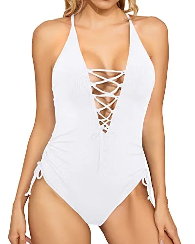 Plunge V Neck Women's Sexy One Piece Swimsuit-White