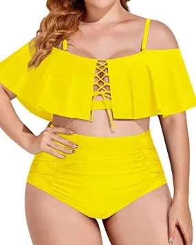 Plus Size High Waisted Bikini Ruched Bottom-Neon Yellow