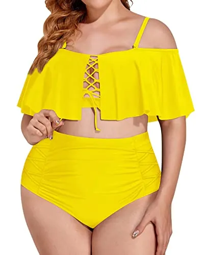 Plus Size High Waisted Bikini Ruched Bottom-Neon Yellow