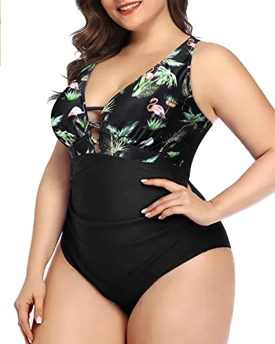 Plus Size One Piece Swimsuit Tummy Control For Women-Black Palm Tree,Gold Stars
