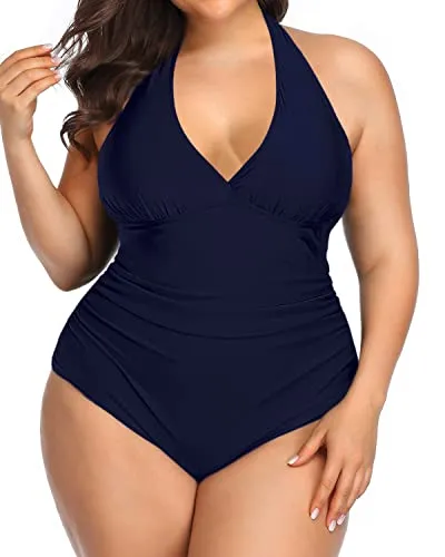 Plus Size Push Up One Piece Swimsuits Halter-Navy Blue