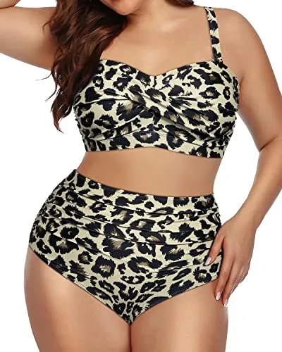 Plus Size Two Piece Swimsuits High Waisted Bathing Suits Bandeau Bikini-Leopard