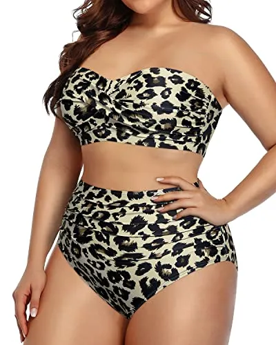 Plus Size Two Piece Swimsuits High Waisted Bathing Suits Bandeau Bikini-Leopard