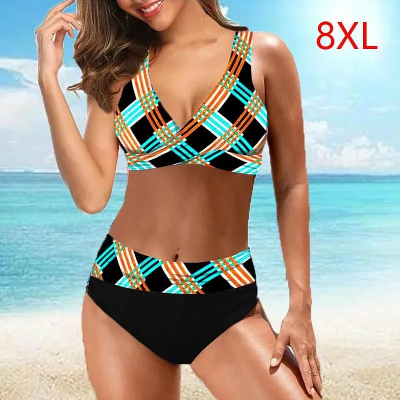 Printed Stripes Lattice Bikinis Swimwear