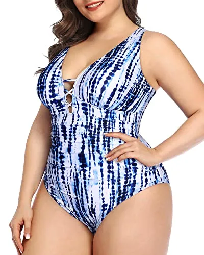 Push Up Padded Bra Plus Size One Piece Swimsuit For Women-Blue Tie Dye