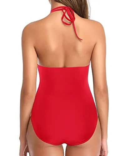 Push Up Women's One Piece Swimsuit Tummy Control Halter Bathing Suit-Red