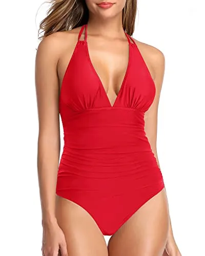 Push Up Women's One Piece Swimsuit Tummy Control Halter Bathing Suit-Red