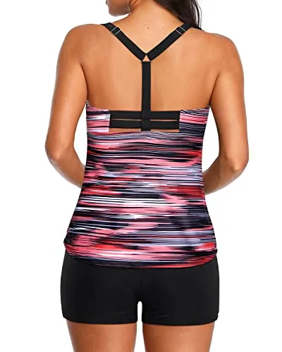 Racerback Athletic Tankini Top With Boyleg Shorts For Women-Pink Stripe
