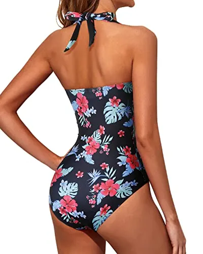 Retro Slimming Swimsuits Halter Vintage Swimwear-Black Red Flowers