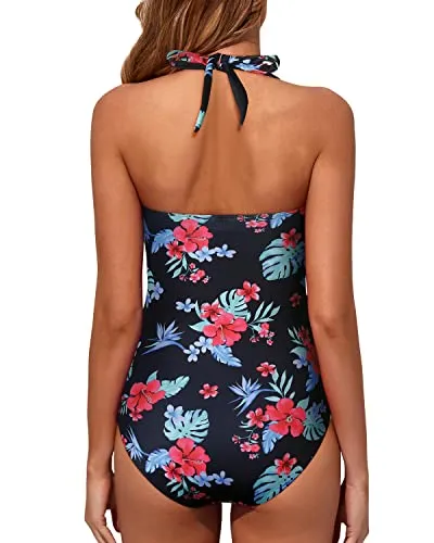 Retro Slimming Swimsuits Halter Vintage Swimwear-Black Red Flowers
