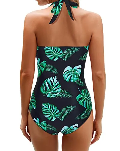 Retro Tummy Control Bathing Suits Tummy Control One Piece Swimsuits-Black And Green Leaf