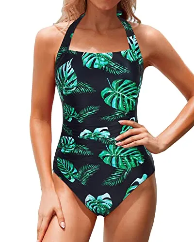 Retro Tummy Control Bathing Suits Tummy Control One Piece Swimsuits-Black And Green Leaf