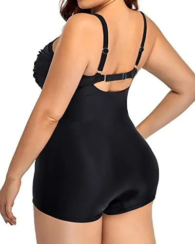 Retro Twist Front Plus Size One Piece Swimsuits For Curvy Women-Black