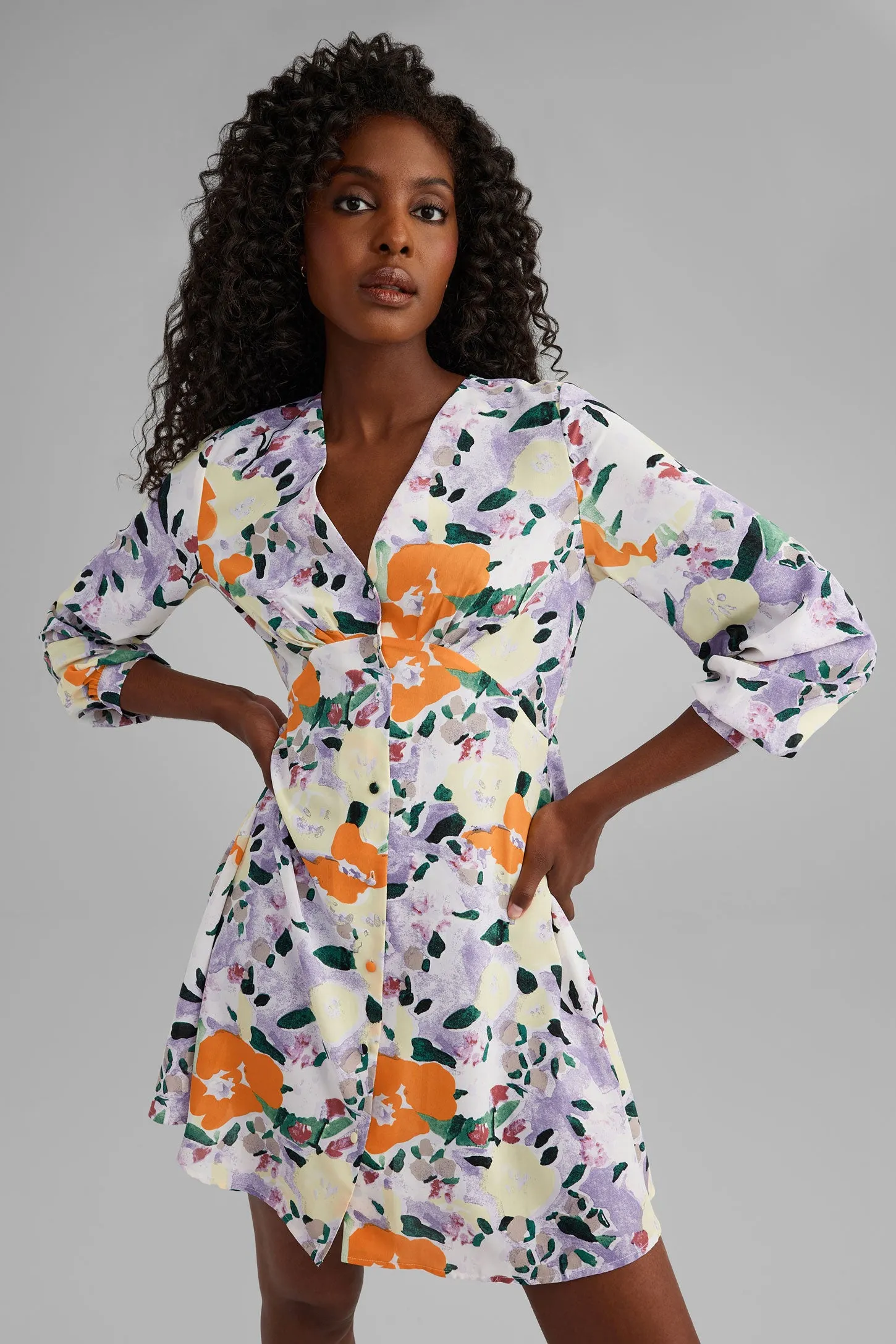 Robe à boutons manches longues imprimée floral - Femme