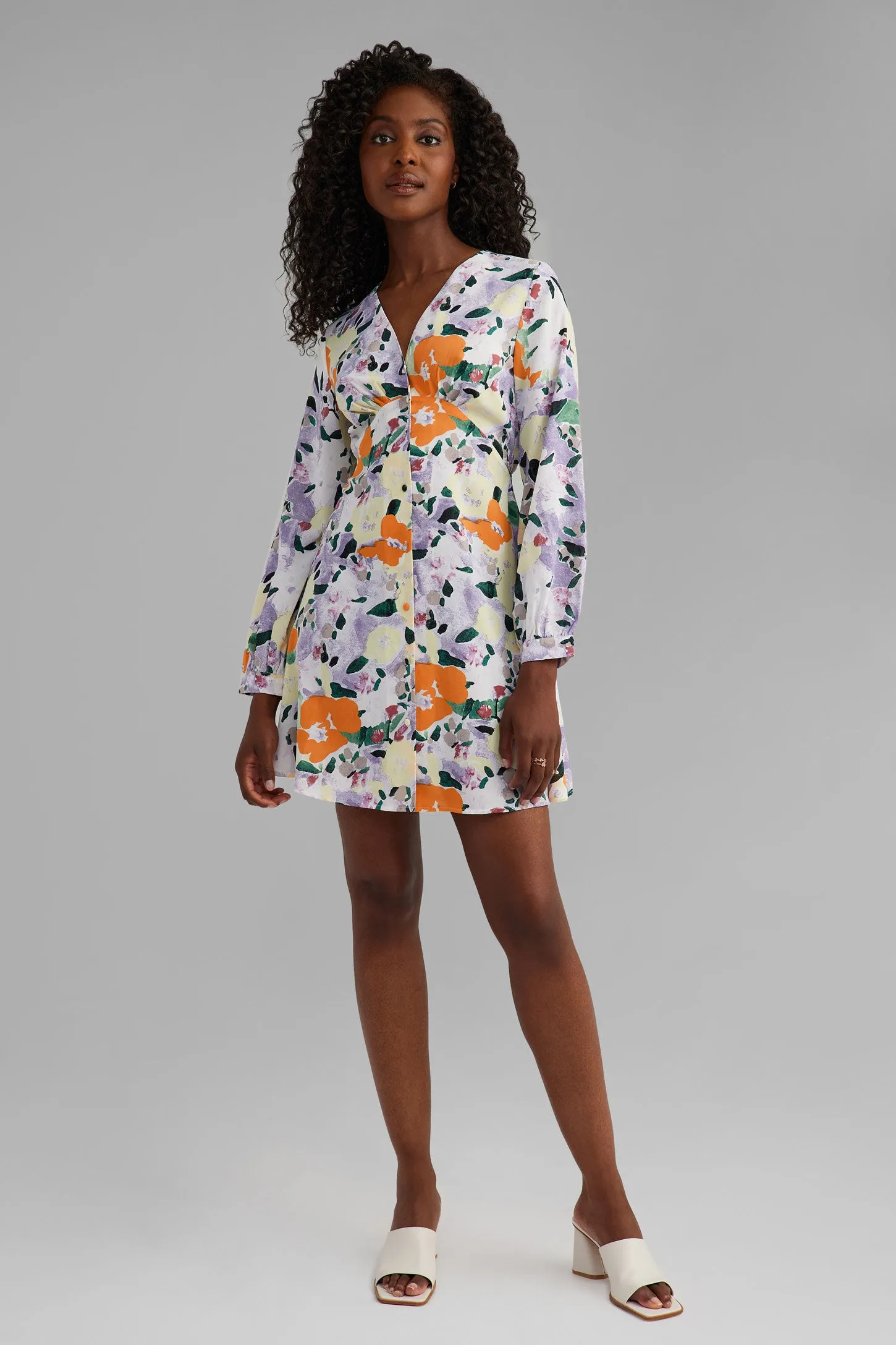 Robe à boutons manches longues imprimée floral - Femme