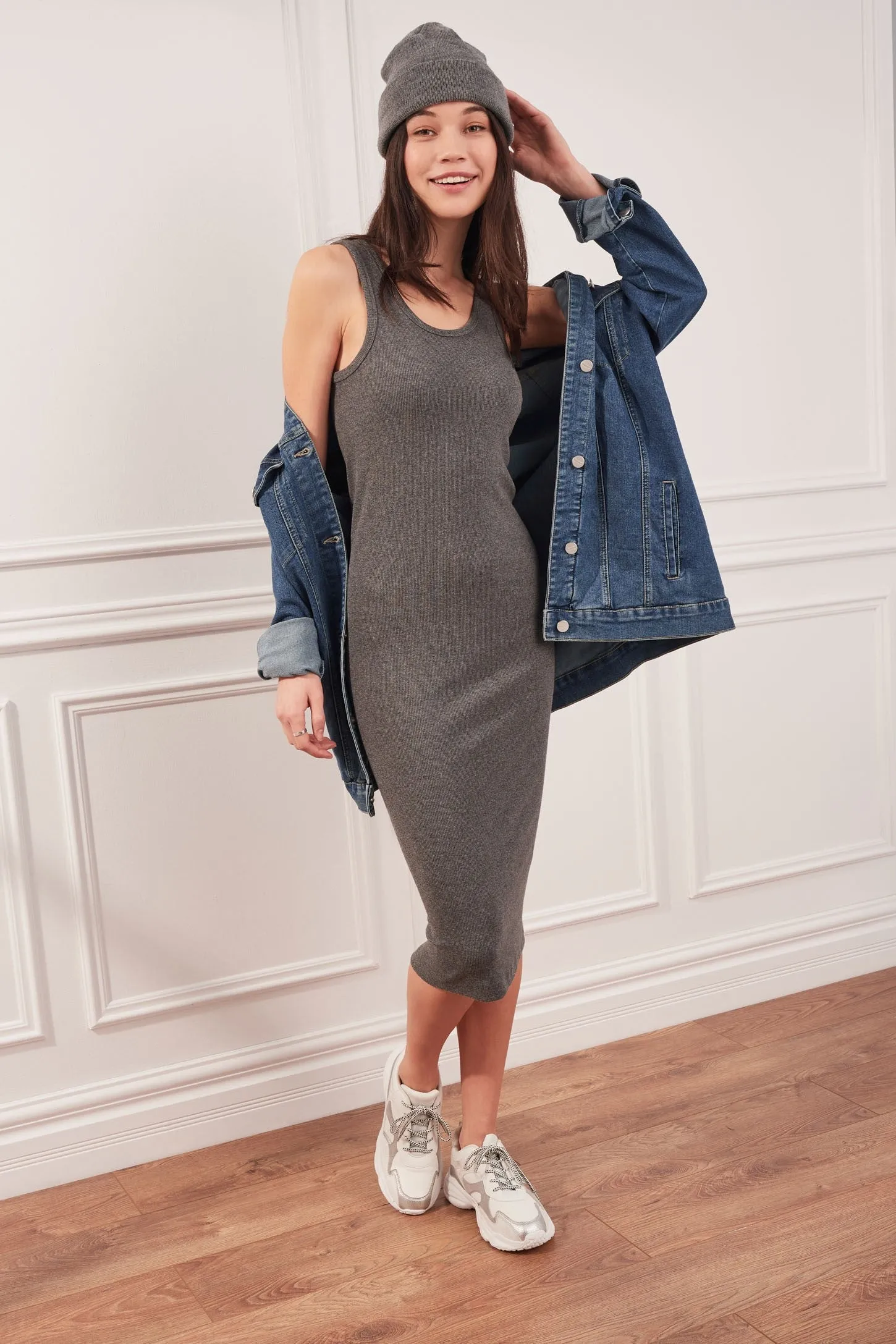 Robe longue côtelée - Femme